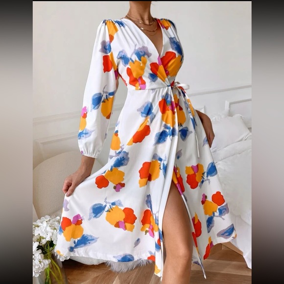 Boho Water Color Abstract Print Wrap Dress - Picture 4 of 7